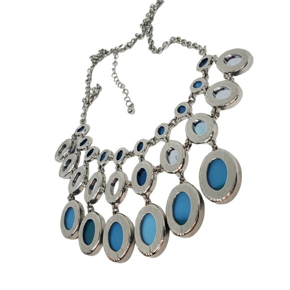 Graduating Blue Green Silver Tone Chain Statement Necklace Faceted Bib Acrylic - Picture 5 of 9